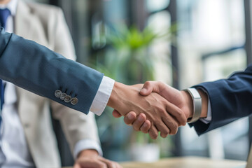 Two men shaking hands in a business setting