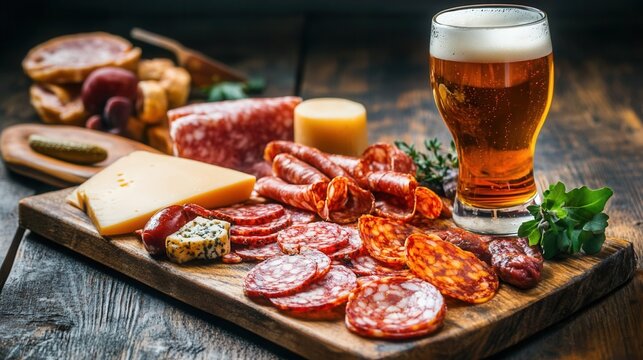 Pint of craft beer alongside a charcuterie board with various meats and cheeses