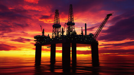 Obraz premium a massive oil rig silhouetted against a dramatic sunset