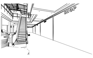 line drawing of the area of the department store hall,fashion store section,3d rendering