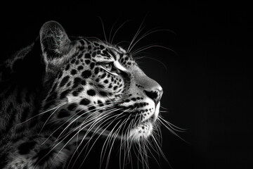 Obraz premium Black and white photo of a leopards face on black background