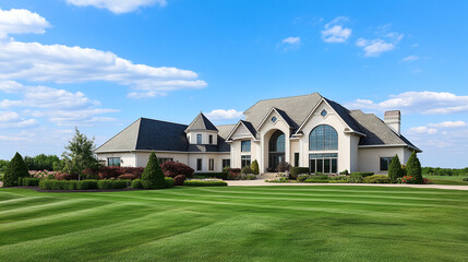 Obraz premium the exterior of a luxurious home, featuring a well-maintained lawn and elegant architectural details