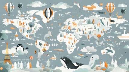 Modern illustration of the world map with cartoon animals, nature, discovery, and continent names, ocean names, and countries names.