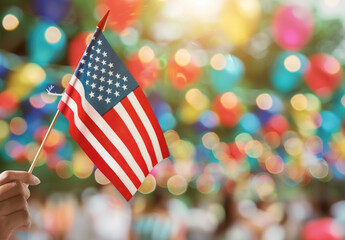A group of people holding an American flag at a naturalization ceremony, with a blurred background showing other guests and decorations. The image is in the style of an anonymous artist.