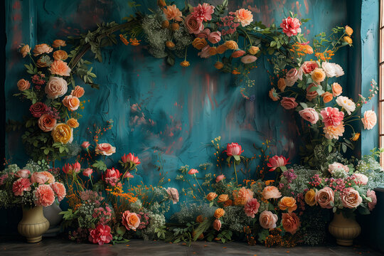 Maternity backdrop, wedding backdrop, photography background with delicate flowers and vintage wall.