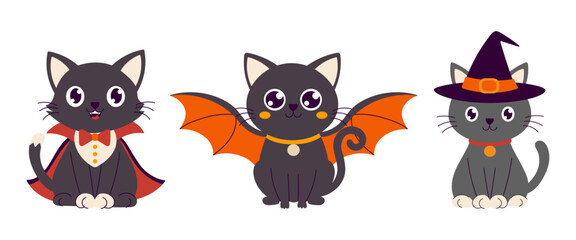 A black cat with orange wings is sitting on a white background. The cat has a collar and is looking at the camera