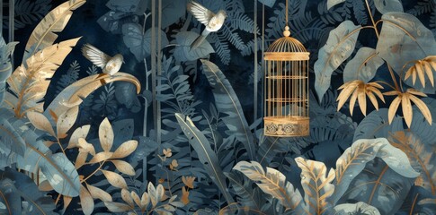 The graphic illustration shows a greenhouse with tropical plants and leaves. Abstract botanical design for photo wallpaper, wallpaper, murals and cards.