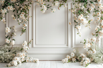 Maternity backdrop, wedding backdrop, photography background with delicate flowers and white wall