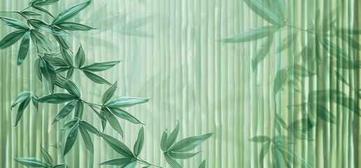 Bamboo art drawing on textured wallpaper with tropical plants in the interior