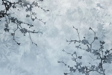 An abstract illustration depicting tree branches and leaves in dark blue colours. Geometric shapes, squares. A gradient, pattern on a background of dark blue. Wallpaper, mural, fresco.