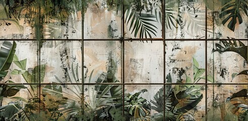 The tropical plants in the botanical garden greenhouse are depicted in an art drawing photo wallpaper