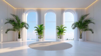 A spacious, minimalist bedroom showcases two indoor plants beside a white bed, creating a calm atmosphere with pendant lighting overhead