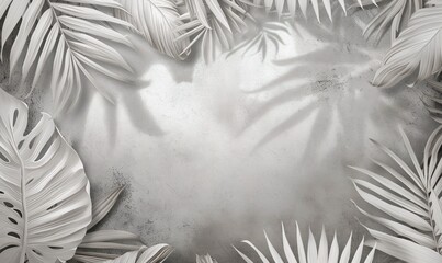A grunge wallpaper with tropical leaves and plants on concrete. This wallpaper can also be used as a photo wallpaper, fresco, mural, or for any other purpose.