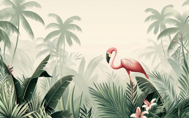 Wallpaper with tropical plants, Jungle background, Bird and leaves, landscape, back yard, mural art.