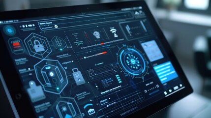 A smart home security system showing an alert for unusual activity detected by AI, displayed on a tablet interface.