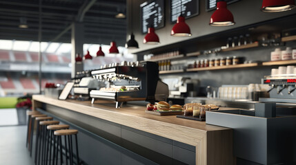 Modern cafe interior with counter, coffee machines, sandwiches, and dessert glasses. Red pendant lights hang above. Stadium seats visible through large windows.