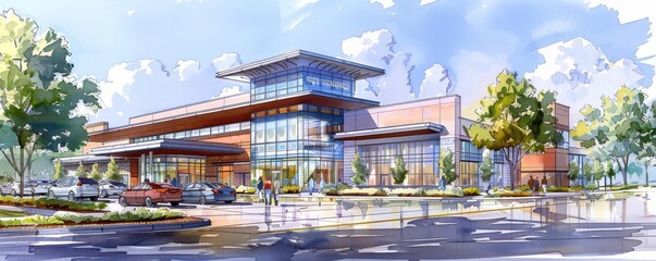 Fototapeta premium Watercolor style, pet hospital exterior, veterinary care, modern healthcare facility