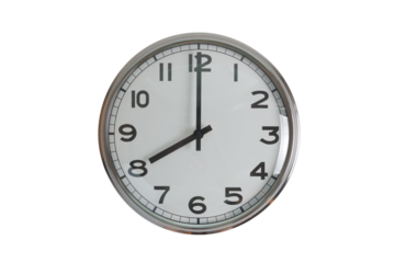A white round shape wall clock with black hands showing the time of 8 o'clock cutout from background. Short hand at 8 o'clock and long hand at number 12.