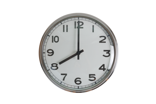 A white round shape wall clock with black hands showing the time of 8 o'clock cutout from background. Short hand at 8 o'clock and long hand at number 12.
