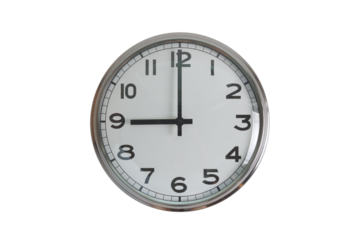 A white round shape wall clock with black hands showing the time of 9 o'clock cutout from background. Short hand at 9 o'clock and long hand at number 12.