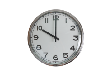 A white round shape wall clock with black hands showing the time of 10 o'clock cutout from background. Short hand at 10 o'clock and long hand at number 12.
