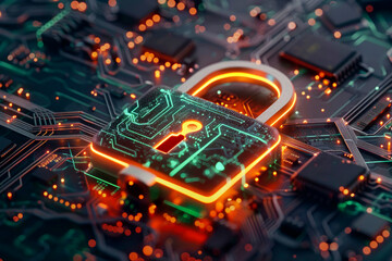 A glowing digital security padlock on an electronic circuit board, representing protection, cybersecurity, and modern technology.