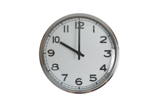 A white round shape wall clock with black hands showing the time of 10 o'clock cutout from background. Short hand at 10 o'clock and long hand at number 12.