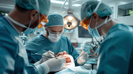 Three dental surgeons in surgical masks and scrubs performing oral surgery on a patient in a well-lit operating room.