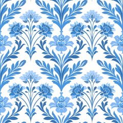 Floral pattern seamless with medieval background, watercolor illustration, blue flowers and leaves, delft, indigo, vintage botanical wallpaper
