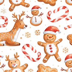 An elegant seamless pattern of hand painted watercolor gingerbread and confetti, set on a white background.