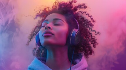A young woman enjoys music with headphones, immersed in vibrant colors and an uplifting atmosphere.