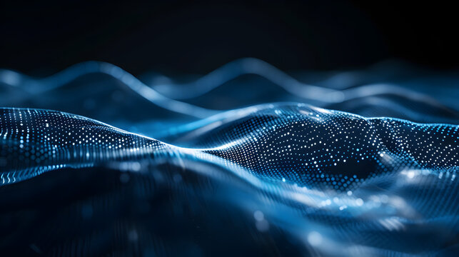 futuristic abstract blue tech background with digital waves, particles artificial neural network, cyber quantum computing