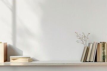Minimalist shelf with books and plant in sunlight