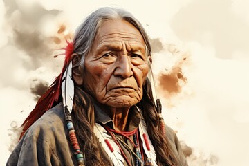 Obraz premium 19th century watercolor portrait of native american warrior with war paint and feathered headdress
