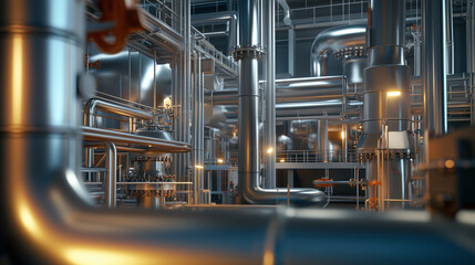 an expansive oil refinery complex with numerous pipes, tanks, and machinery