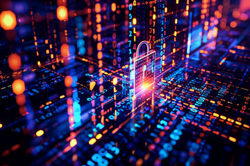 A digital padlock is depicted amidst streams of glowing binary code, representing cybersecurity and the importance of protecting digital information in the modern era.