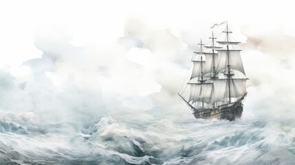 Obraz premium Classic vintage sailing ship in a dramatic stormy sea watercolor painting panorama