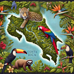 Detailed Map of Costa Rica with Jungle Vegetation Frame and Native Wildlife
