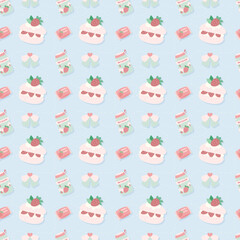Seamless pattern with cute cartoon strawberry dessert. Background for your design. Vector illustration.
