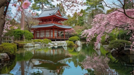 Fototapeta premium Springtime cherry blossoms in a tranquil Japanese garden, a serene and beautiful sight