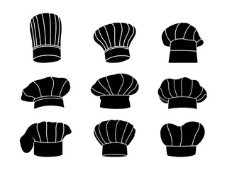 Set of Chef Hat Silhouette in various poses isolated on white background