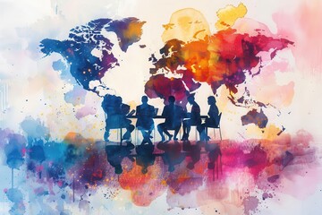 Silhouettes of people sitting around a table, superimposed on a watercolor world map.