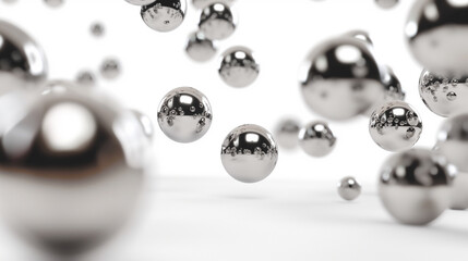 Falling metallic rounded spheres on white background