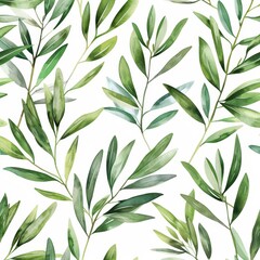 Kitchen seamless pattern of green olives. Hand painted illustration with olive branches and leaves isolated on white background. Suitable for design, print, wrapping, textile and fabric.