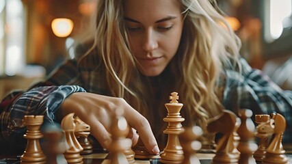 Young businesswoman girl women planning strategy advancement chess play checkmate opponent fair strategy competition business performance company leader ceo manager winning power achieving goals