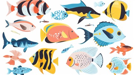 Abstract illustration featuring various tropical marine and ocean fish in a minimalistic pattern
