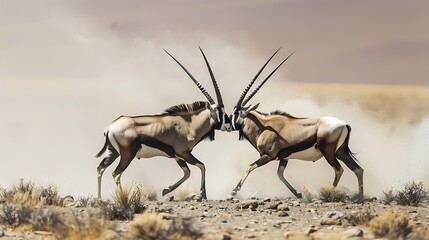 Two male gemsbok engaged in an argument on the dusty plains