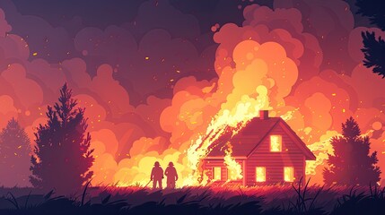 A fire is burning a house and two firefighters are standing outside of it