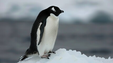 Obraz premium A penguin stands on top of a snow covered hill