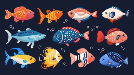 Abstract illustration featuring various tropical marine and ocean fish in a minimalistic pattern